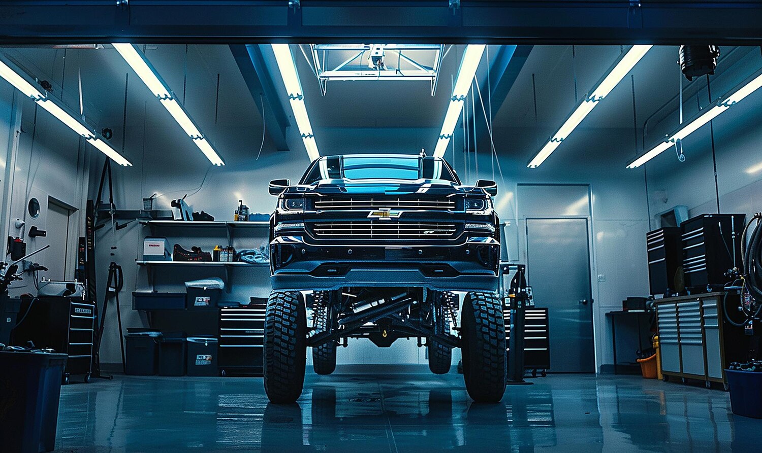 Moderný autoservis s profesionálnym vybavením, autoservis, mechanici, nástroje, vozidlá